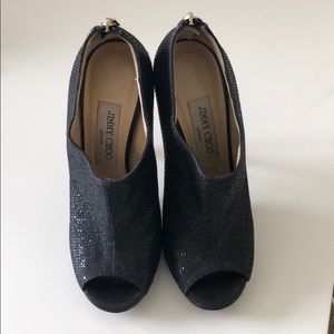 Jimmy Choo Black Glint Glitter Open Toe Booties